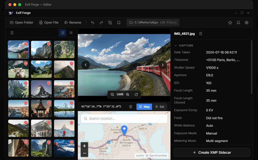 Exif Forge editor workspace